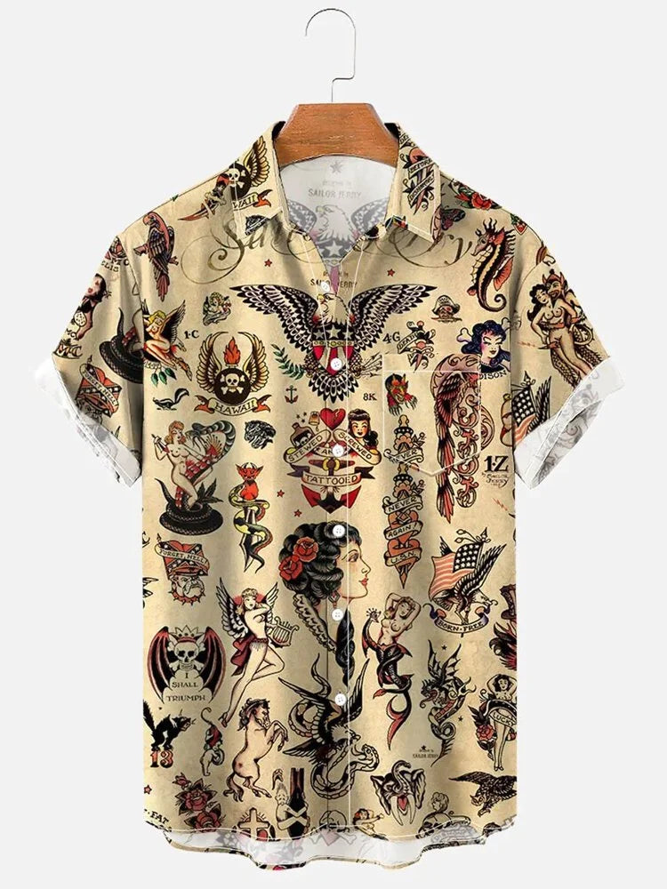 Men's Vintage Holiday Beach Casual Illustration Shirt