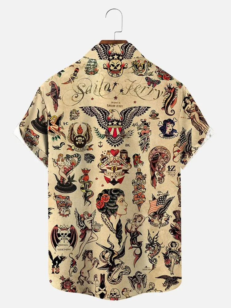 Men's Vintage Holiday Beach Casual Illustration Shirt