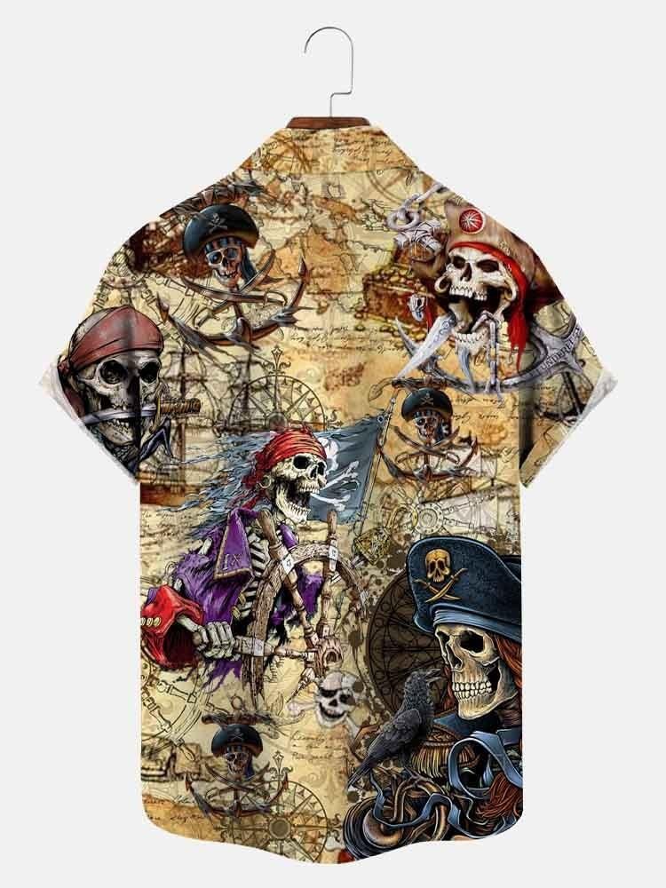 Men's Vintage Skull Sailor Map Print Casual Breathable Short Sleeve Hawaiian Shirt