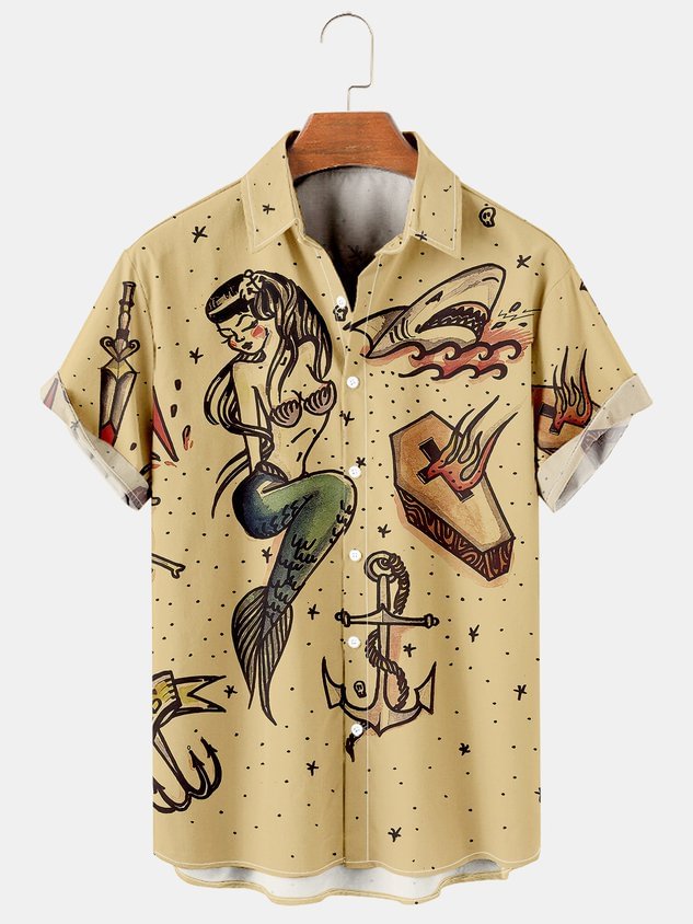 Men's Retro  Mermaid Print Casual Breathable Hawaiian Short Sleeve Shirt