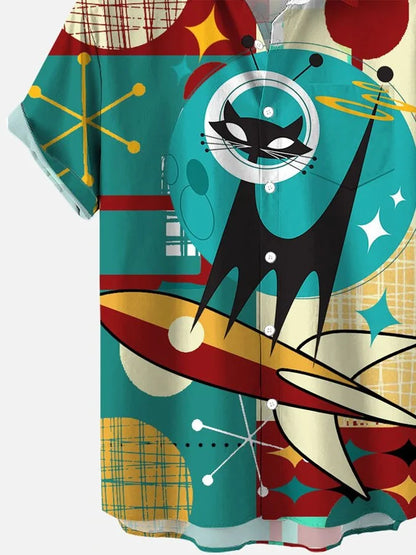 Men's Mid-Century Modern Atomic Cat In Space Print Shirt