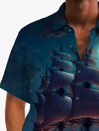 Vintage Pirate Ship Print Chest Pocket Shirt Plus Size Men's Shirt