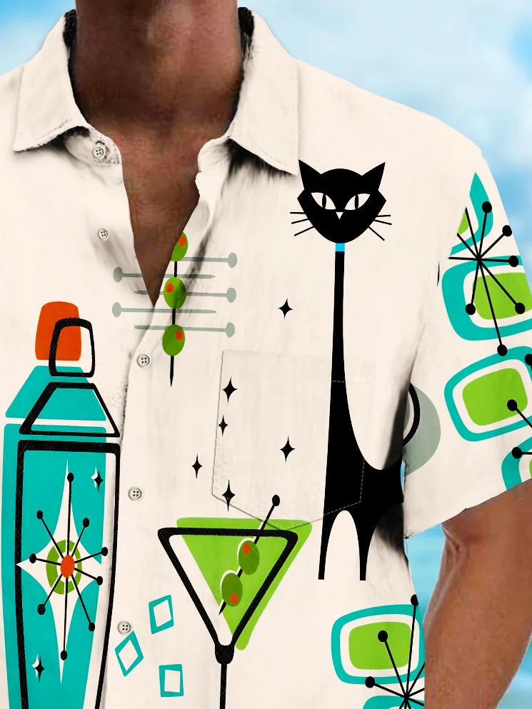 Vintage Geometric Cat Cocktail Print Chest Pocket Shirt Plus Size Men's Shirt