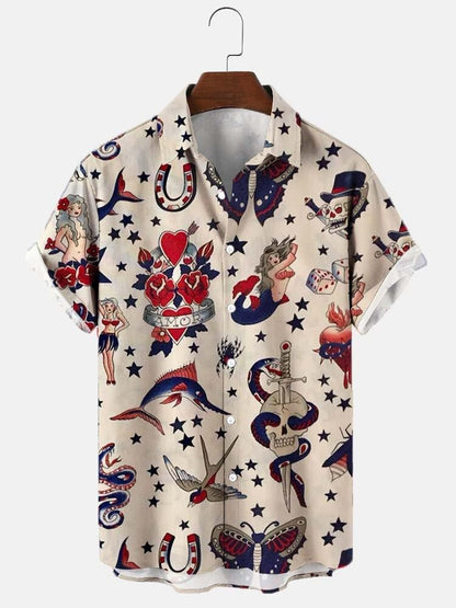 Men's Vintage Mermaid Sailor Print Casual Breathable Short Sleeve Hawaiian Shirt