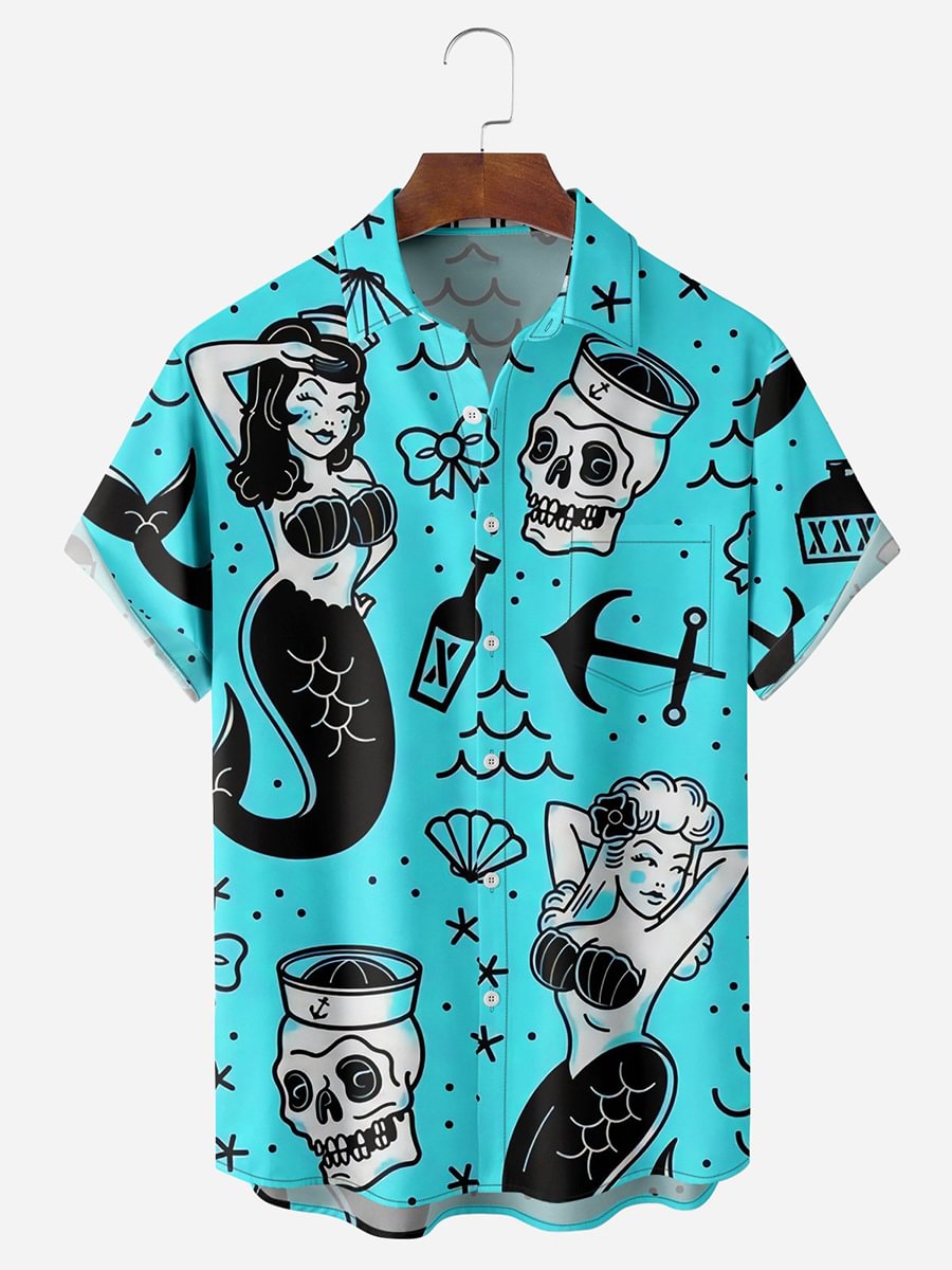 Men's Retro Pirate Funny Mermaid Skull Art Print Short Sleeve Shirt