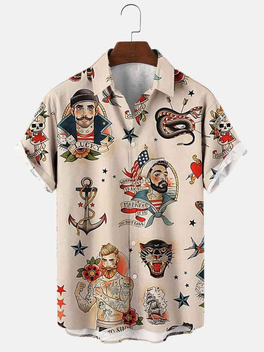 Men's Vintage Sailor Print Casual Breathable Short Sleeve Hawaiian Shirt