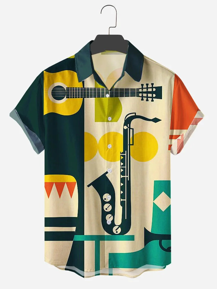 Mens Vintage Guitar and saxophone Print Hawaiian Lapel Shirts