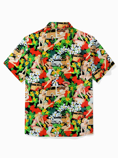 Floral Pinup Girl Men's Hawaiian Shirt Button Pocket Tropical Shirt