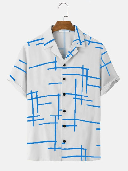 Men's Black Irregular Geometric Line Print Short Sleeve Shirt