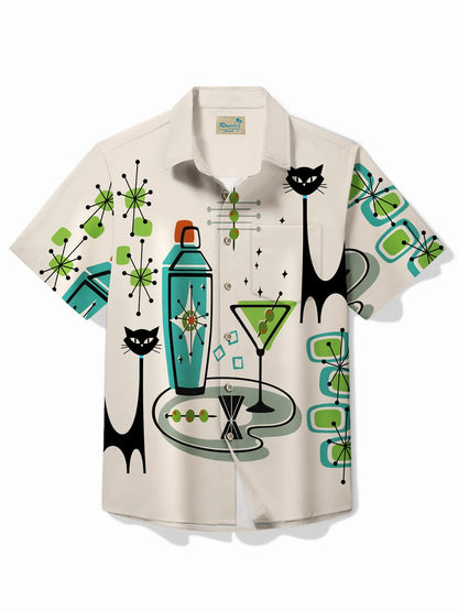 Vintage Geometric Cat Cocktail Print Chest Pocket Shirt Plus Size Men's Shirt