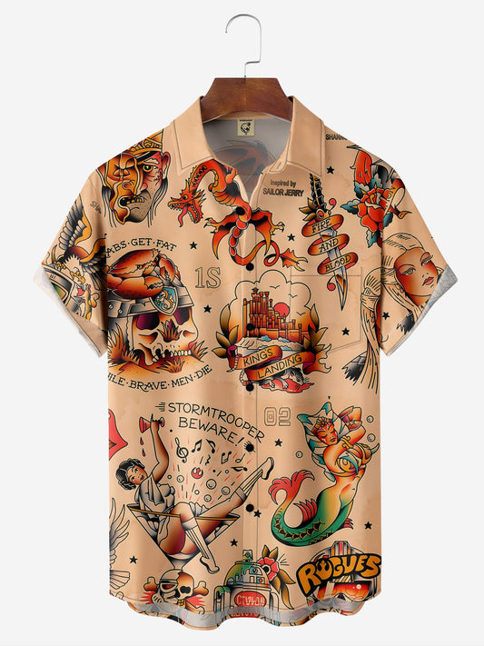 Tattoo Sticker Chest Pocket Short Sleeve Hawaiian Shirt