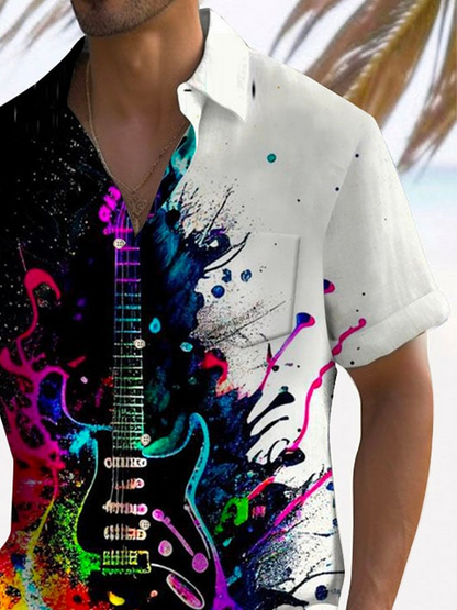 Music Art Oil Painting Men's Hawaiian Shirt Guitar Band Stretch Camp Pocket Shirt Big Tall