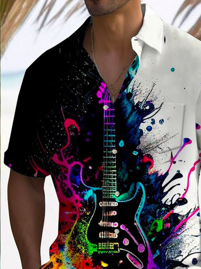 Music Art Oil Painting Men's Hawaiian Shirt Guitar Band Stretch Camp Pocket Shirt Big Tall