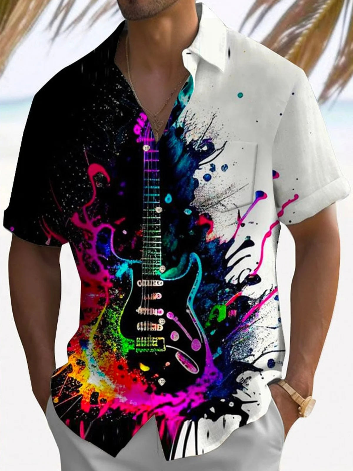 Music Art Oil Painting Men's Hawaiian Shirt Guitar Band Stretch Camp Pocket Shirt Big Tall