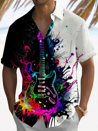 Music Art Oil Painting Men's Hawaiian Shirt Guitar Band Stretch Camp Pocket Shirt Big Tall