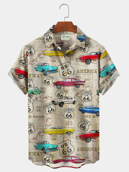 Vintage Route 66 Western Print Chest Pocket Vintage Shirt Plus Size Printed Shirt