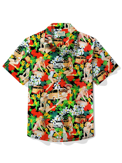 Floral Pinup Girl Men's Hawaiian Shirt Button Pocket Tropical Shirt