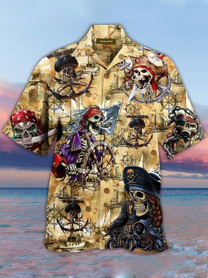 Men's Pirate Skull Shirt Collar Vintage Comfortable-Blend short Sleeve Tops