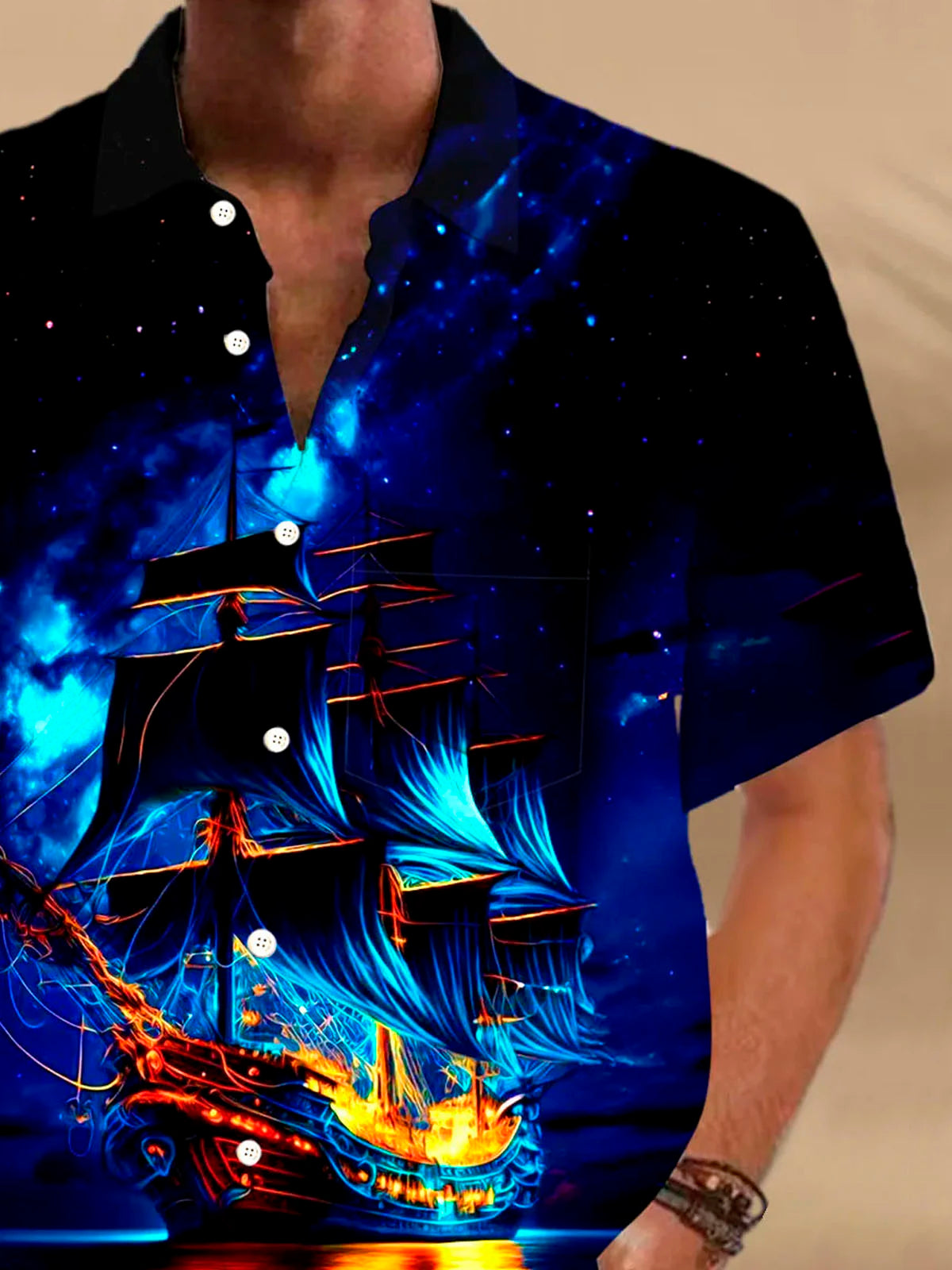 Retro Nautical Pirate Ship Gradient 3D Print Men's Button Pocket Short Sleeve Shirt