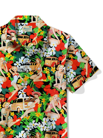 Floral Pinup Girl Men's Hawaiian Shirt Button Pocket Tropical Shirt