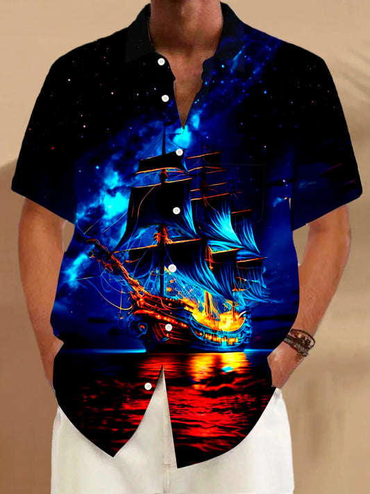 Retro Nautical Pirate Ship Gradient 3D Print Men's Button Pocket Short Sleeve Shirt