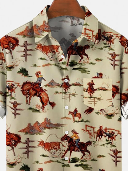 Men's Retro Cowboy Pocket Equestrian Casual Loose Comfortable Shirt