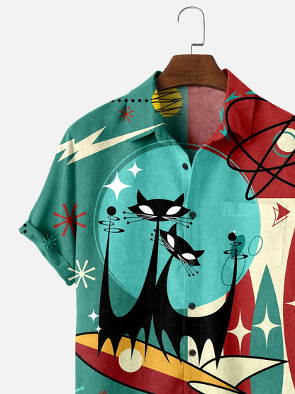 Men's Vintage Cat Print Seersucker Anti-Wrinkle Shirt Rocket Short Sleeve Shirt