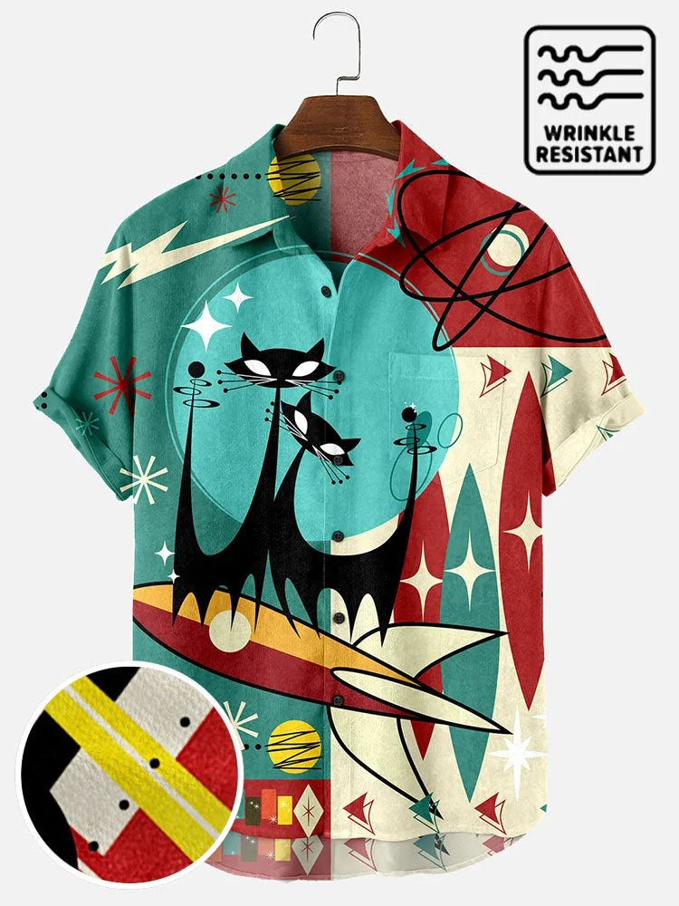 Men's Vintage Cat Print Seersucker Anti-Wrinkle Shirt Rocket Short Sleeve Shirt