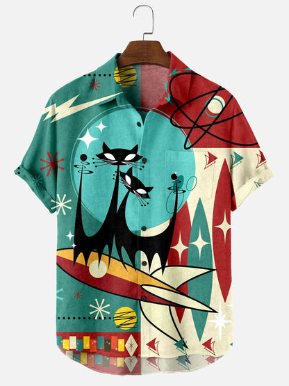 Men's Vintage Cat Print Seersucker Anti-Wrinkle Shirt Rocket Short Sleeve Shirt