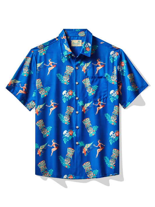 Hawaiian Tiki Print Men's Button Pocket Short Sleeve Shirt