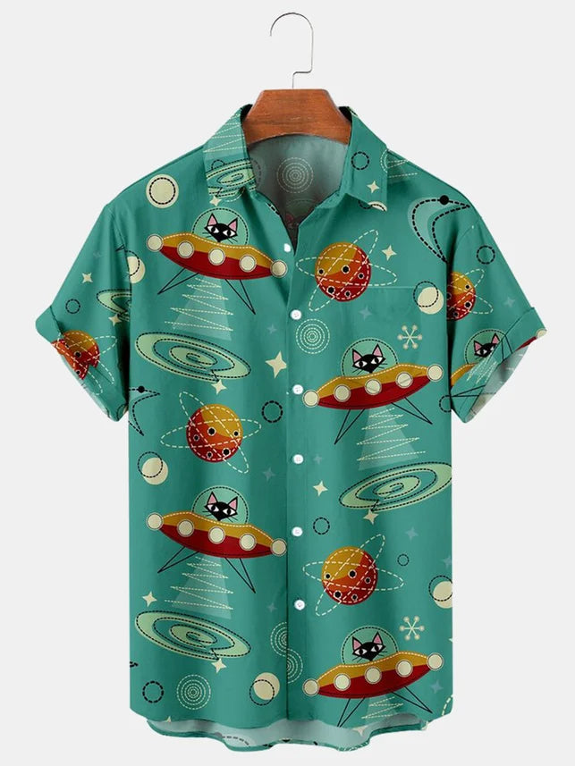 Space Cat Cosmic Casual Hawaiian Short-Sleeved Shirt