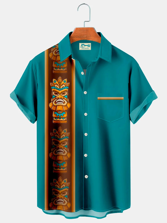 Vintage bowling Tiki Totem Men's Pocket Casual Button Shirt