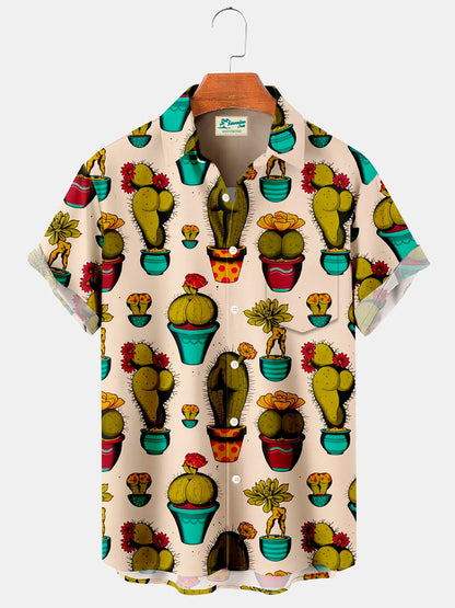 Hawaiian Vintage Fun Cactus Print Men's Button Pocket Shirt