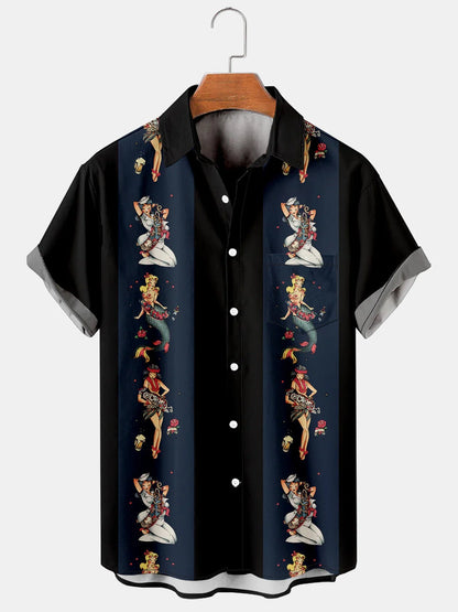 Mens Retro Aloha Girls Print Lapel Loose Chest Pocket Short Sleeve Funky Bowling Shirts