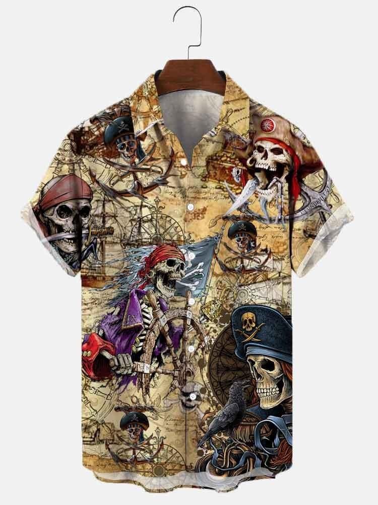 Men's Vintage Skull Sailor Map Print Casual Breathable Short Sleeve Hawaiian Shirt