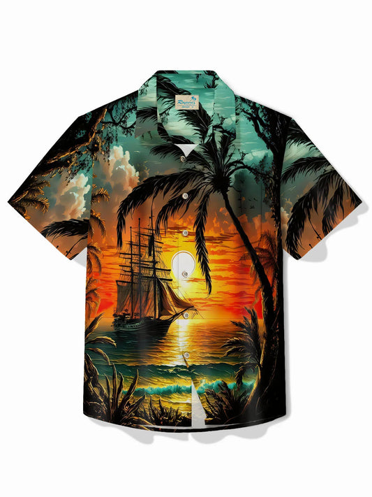 Hawaiian Coconut Tree Sunset Landscape Men's Button Down Shirt