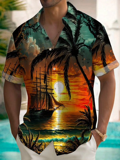 Hawaiian Coconut Tree Sunset Landscape Men's Button Down Shirt