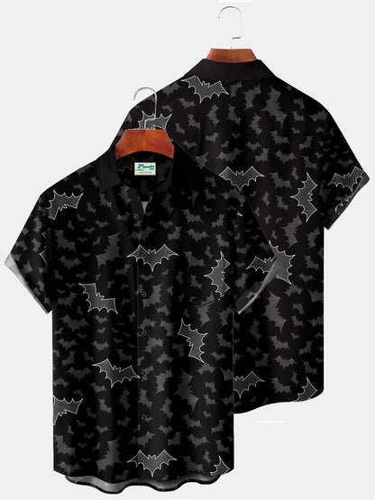 Vintage Halloween Holiday Men's Shirts Cartoon Bat Art Stretch Plus Size Aloha Camp Shirts