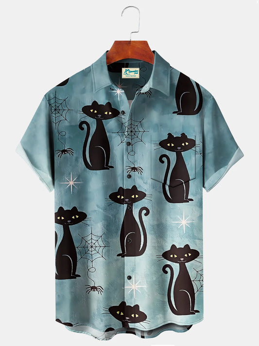 Mid Century Modern Black Cat Men's Hawaiian Shirts Camp Shirts