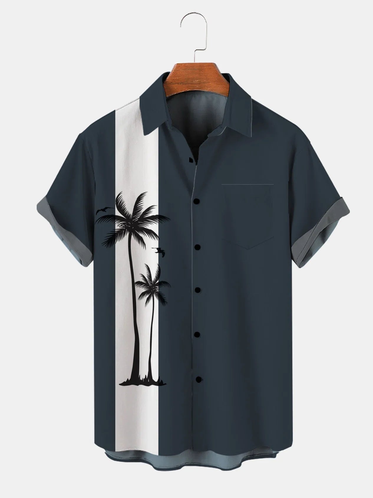 Mens Beach Print Casual Breathable Short Sleeve Shirt Coconut Tree Bowling Shirts