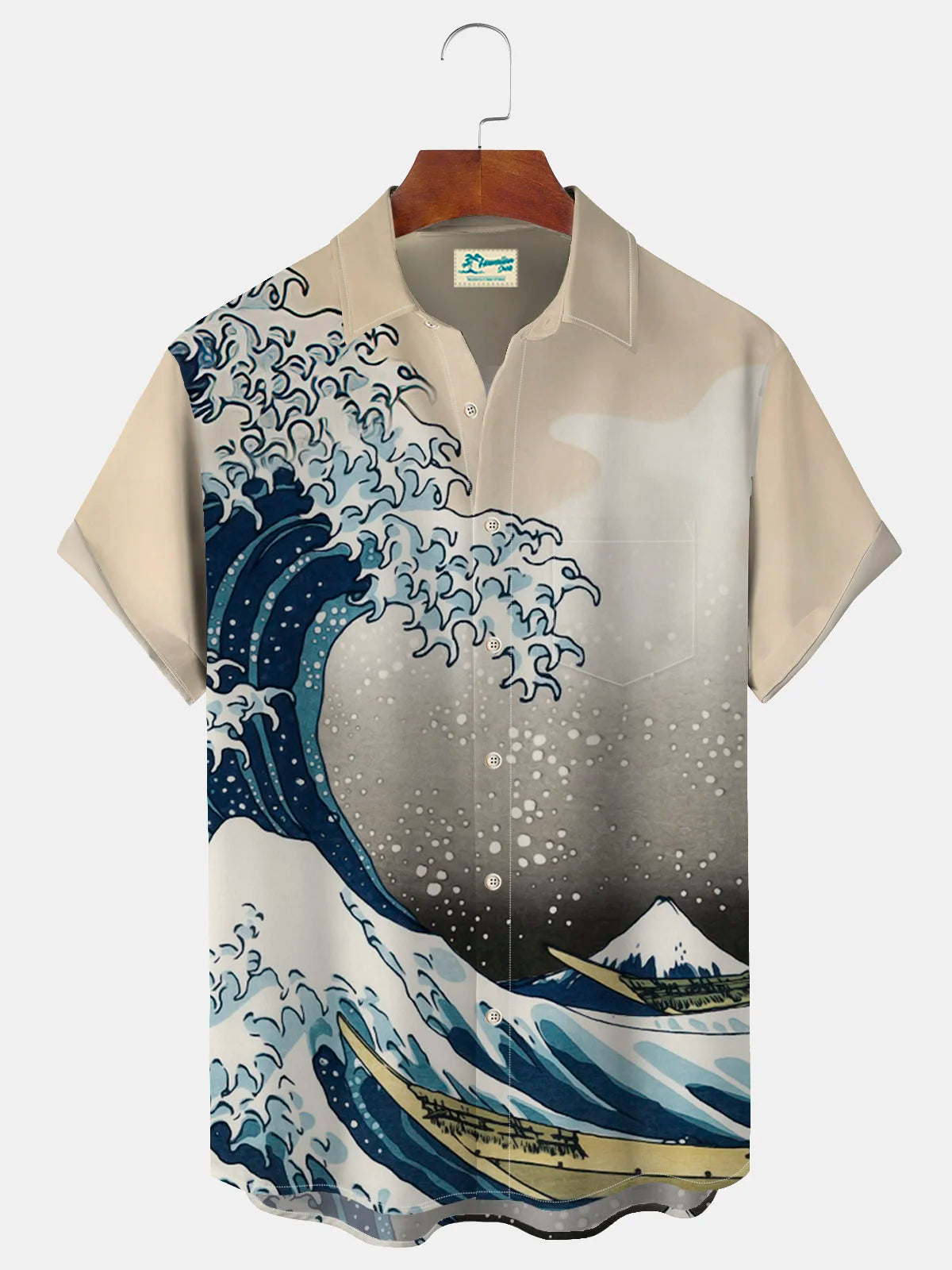 Men's Japanese Ukiyoe Wave Print With Pocket Short Sleeve Hawaiian Shirts