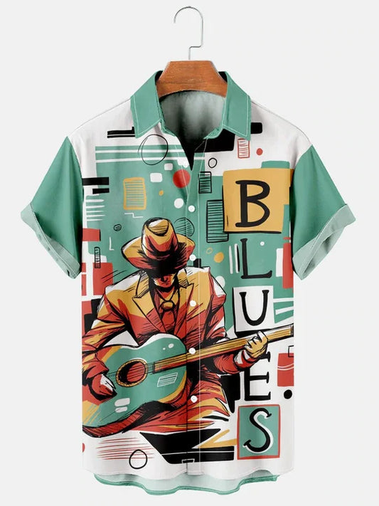 Men's Vintage Hawaiian Shirts Jazz Sax Note Art Aloha Shirts