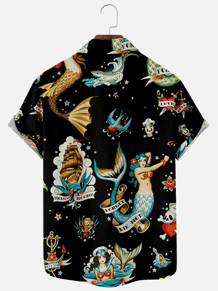 Mens Vintage Mermaid Print Lapel Casual Loose Short Sleeve Hawaiian Shirt