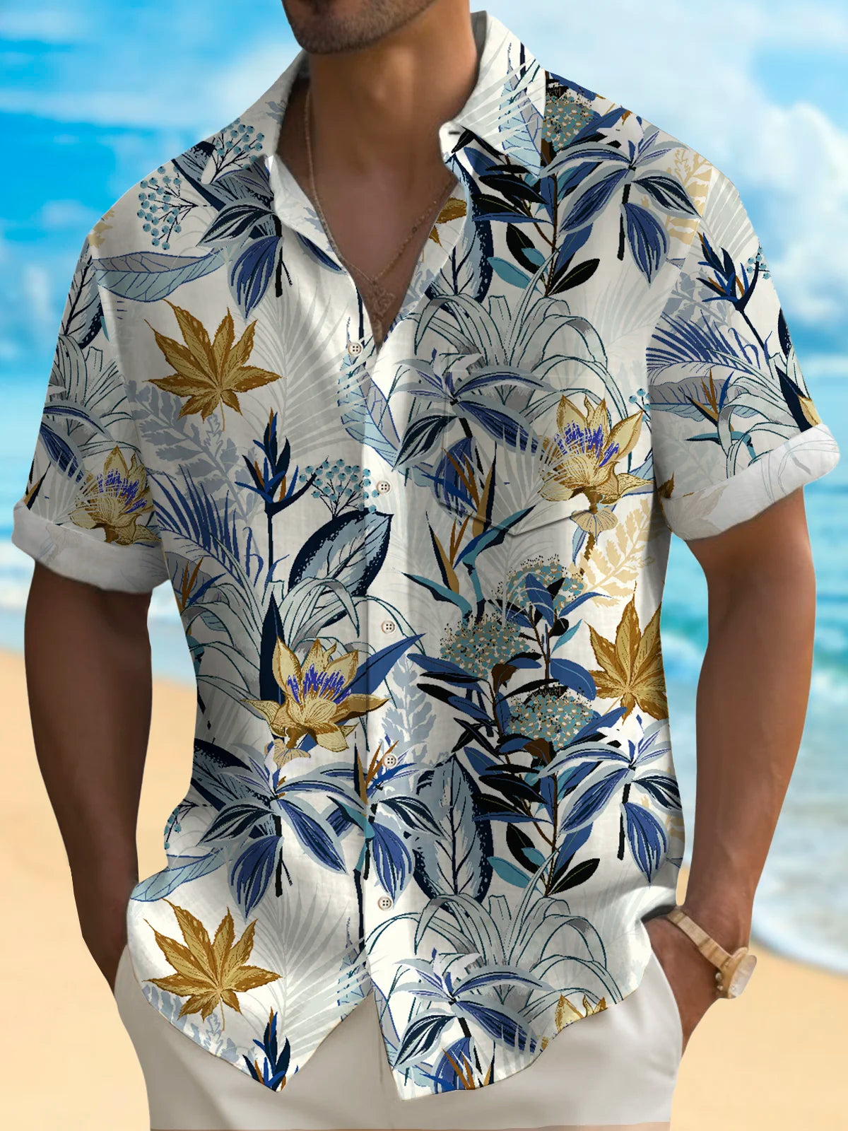 Men's Tropical Floral Beach Shirt With Pocket