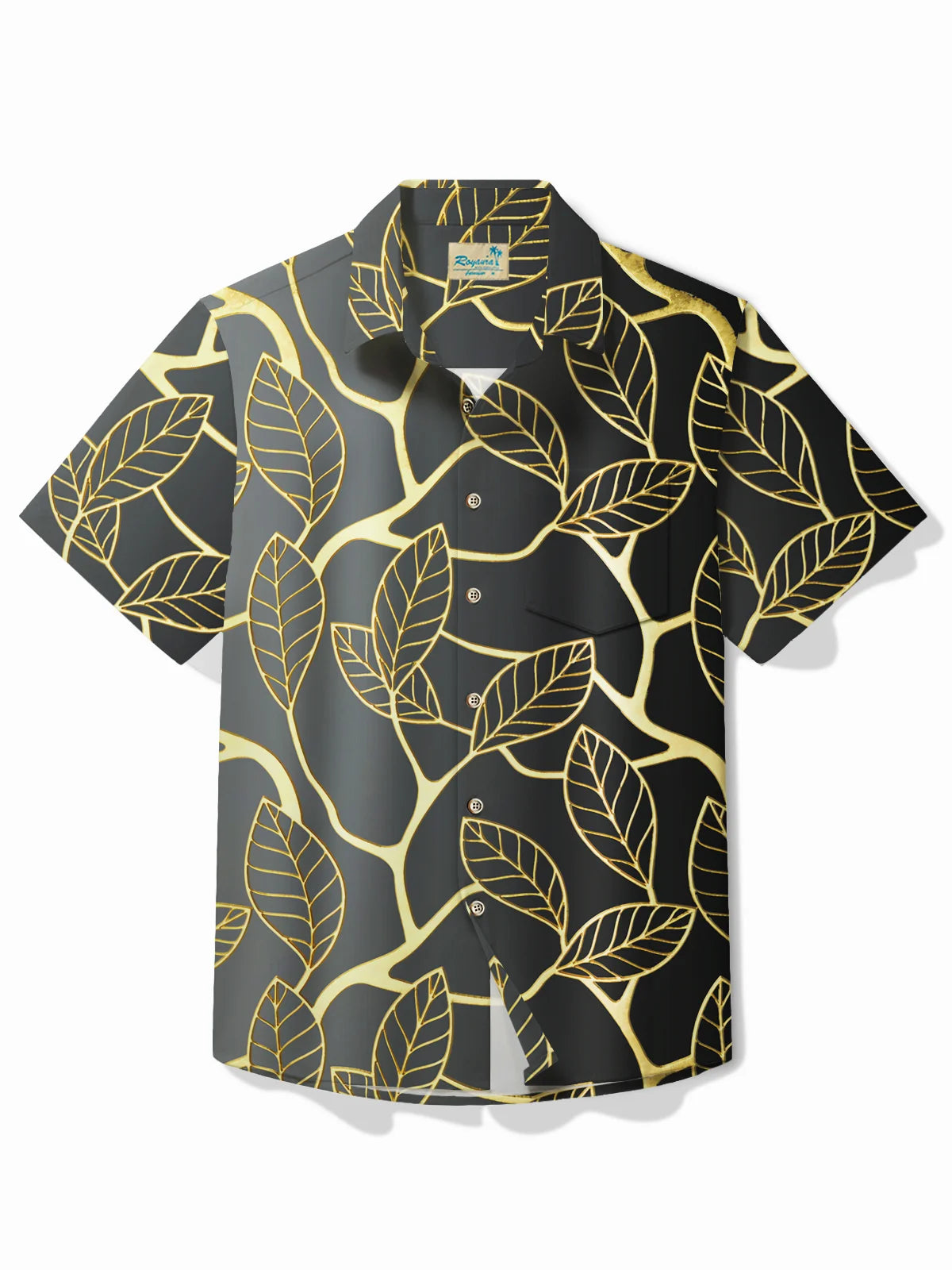 Vintage Botanical Gold Leaf Print Men's Button Pocket Short Sleeve Hawaiian Shirt