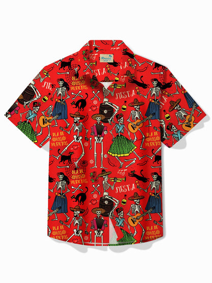 Holiday Cinco de Mayo Skull Music Print Men's Button Pocket Short Sleeve Shirt