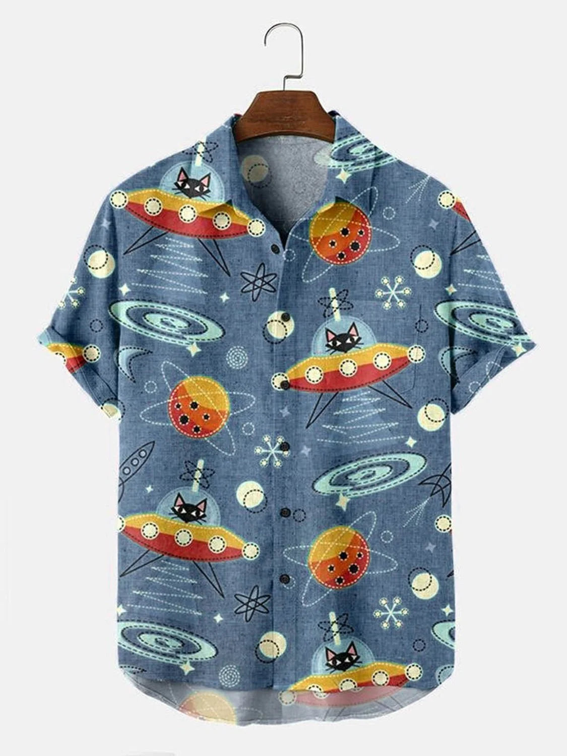 Men's Seersucker Fabric Wrinkle Resistant Shirt UFO Cat Art Print Short Sleeve Shirt