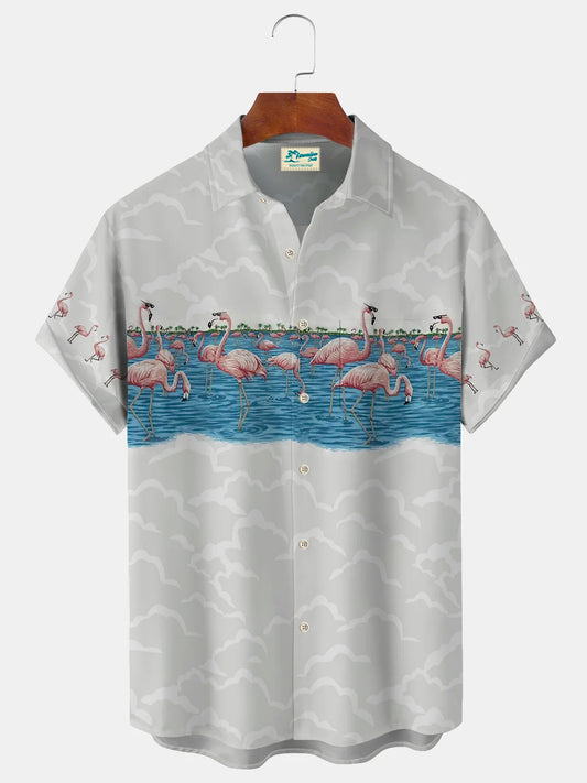 Flamingo Coconut Palm Print Beach Men's Hawaiian With Pocket