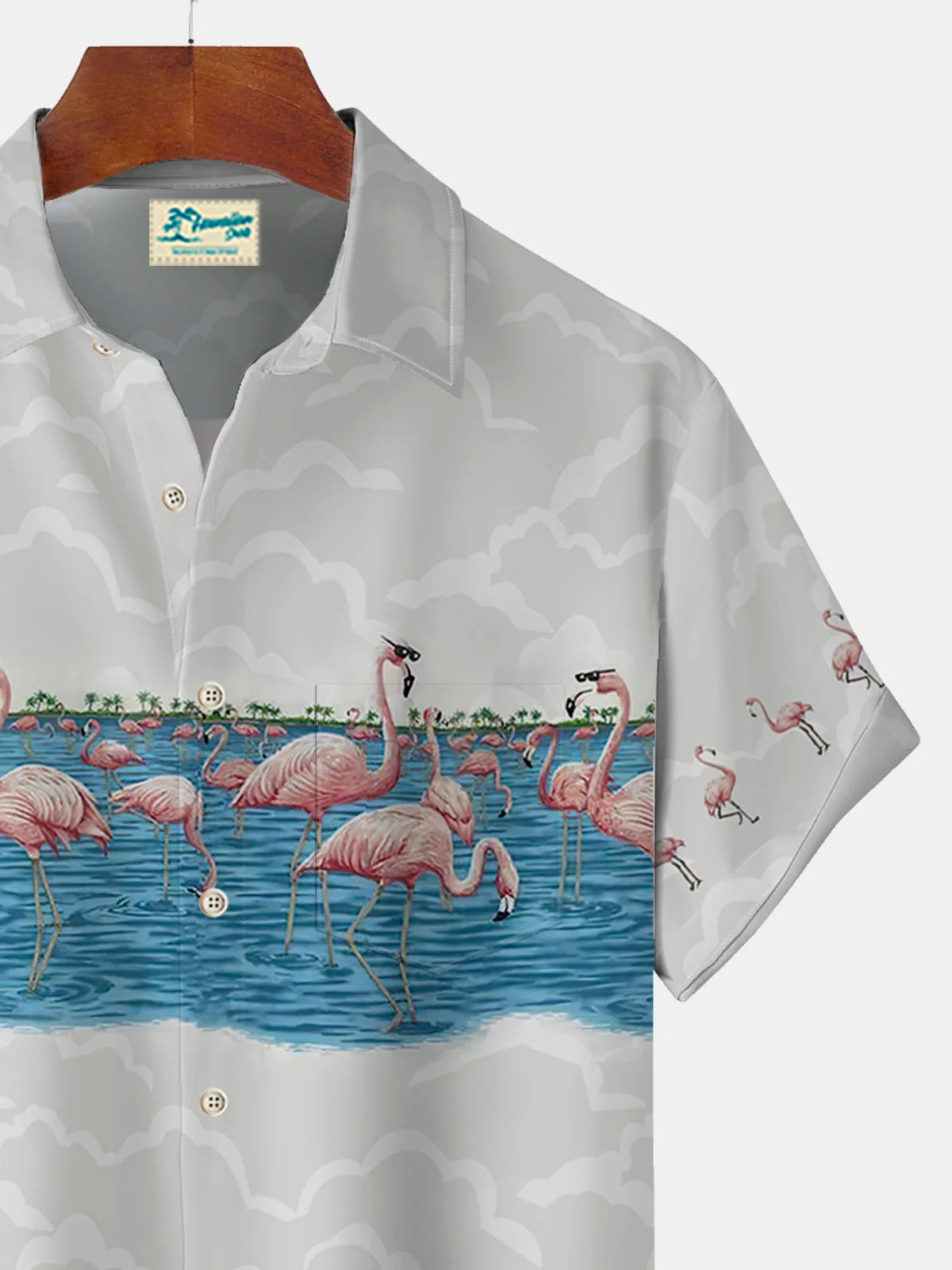 Flamingo Coconut Palm Print Beach Men's Hawaiian With Pocket