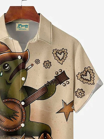 Vintage Fun Frog Print Men's Button Pocket Quick Dry Shirt